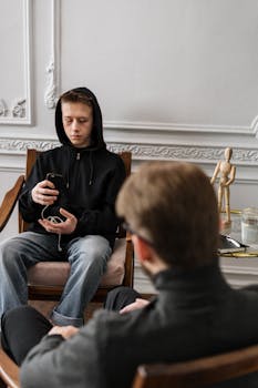 A teenage boy in a black hoodie during a therapy session, using his phone.