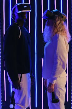 A couple wearing VR headsets in an illuminated room, showcasing modern technology.