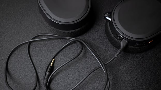 Detailed close-up of a sleek black wired gaming headset with detachable cable on a textured dark surface.