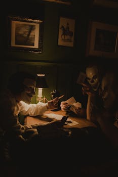 Mysterious masked figures playing cards in a dimly lit room, creating a dramatic and eerie atmosphere.
