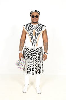 Stylish adult male in zebra print outfit at a fashion show with striking design elements.