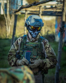 A camouflaged paintball player outdoors wearing protective gear, helmet, and mask.
