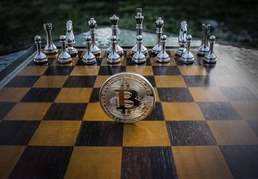 Bitcoin coin standing on a chessboard with silver and brass chess pieces. Concept of strategic digital currency investment.