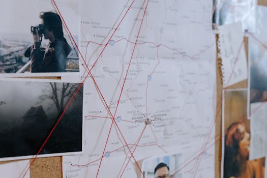 Investigative bulletin board with maps, photos, and red threads connecting clues.