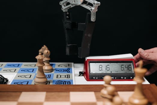 Robotic arm moves chess pieces on a board with electronic digital timer displayed.